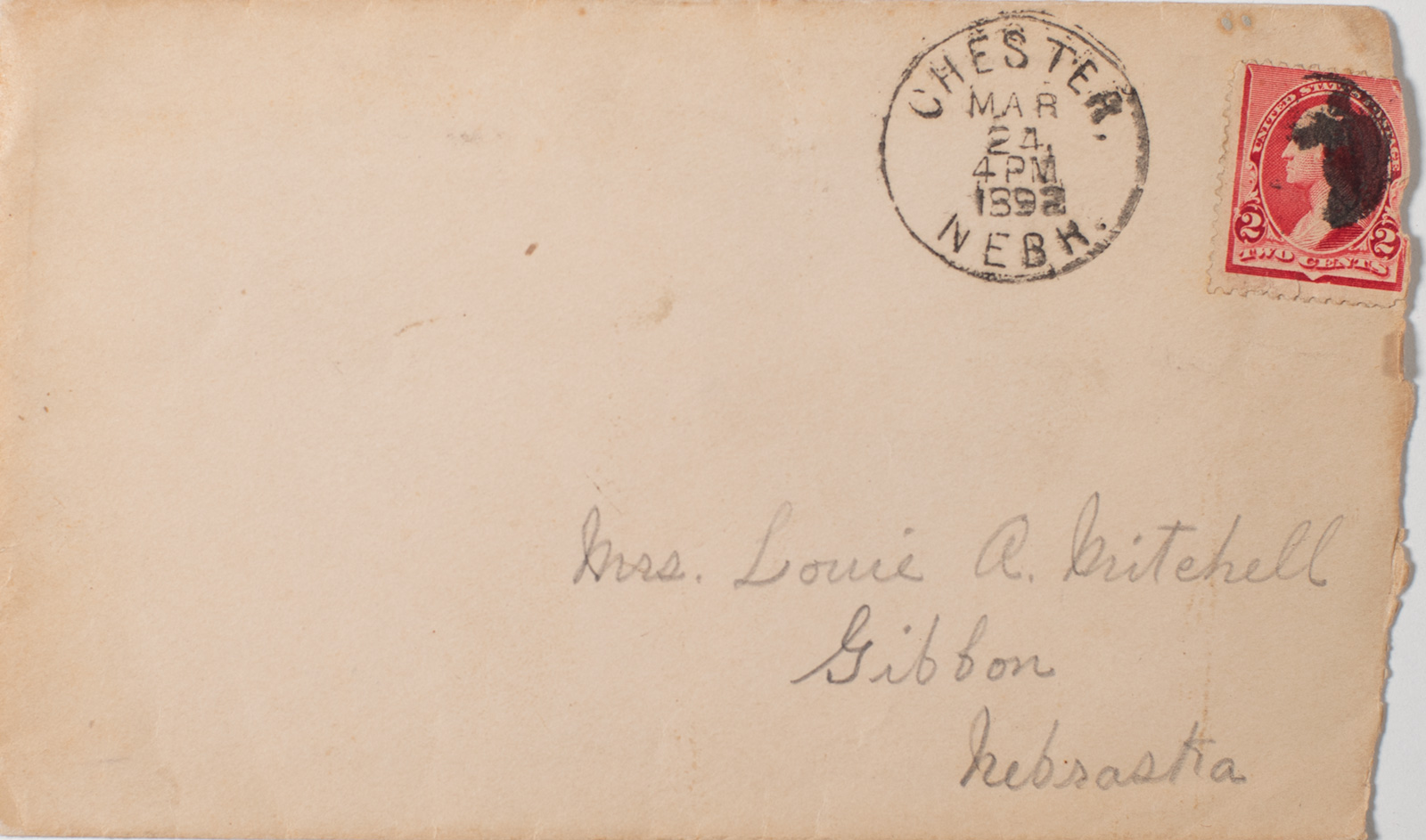 Old letter envelope mailed from Chester Nebraska 1892-image