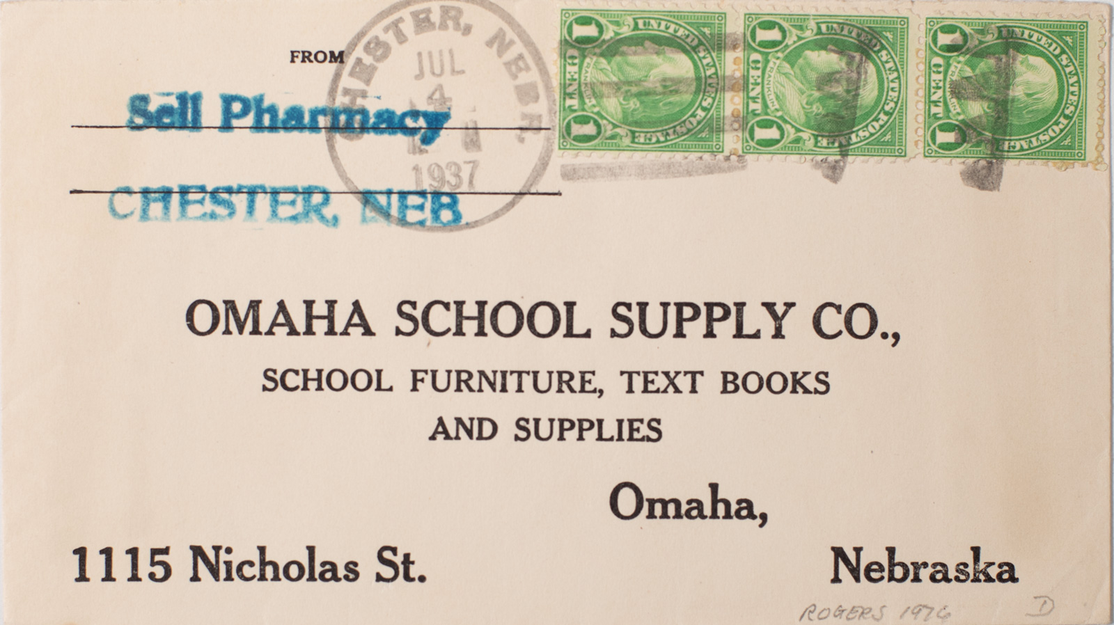 Envelope mailed from Sells Pharmacy to Omaha School Supply 1937-image