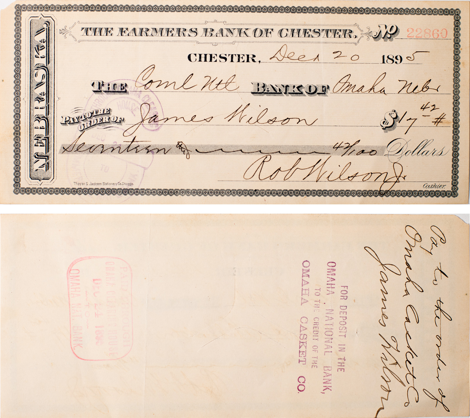 Farmers Bank of Chester Nebraska Cancelled Check 1895-image