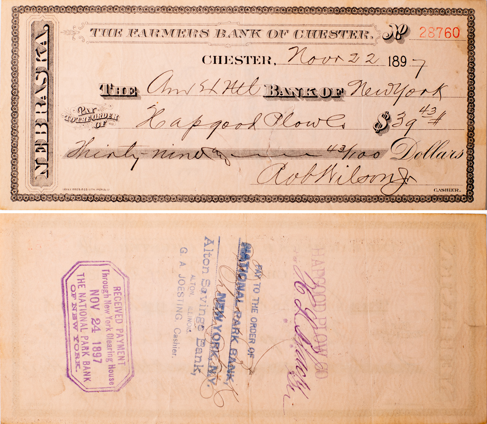 Farmers Bank of Chester Nebraska Cancelled Check 1897 - 2-image