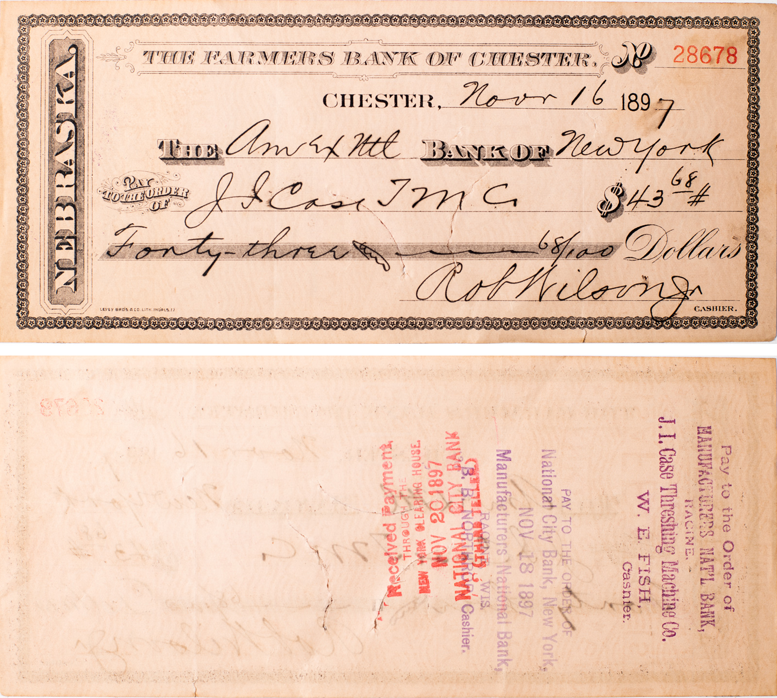 Farmers Bank of Chester Nebraska Cancelled Check 1897-image