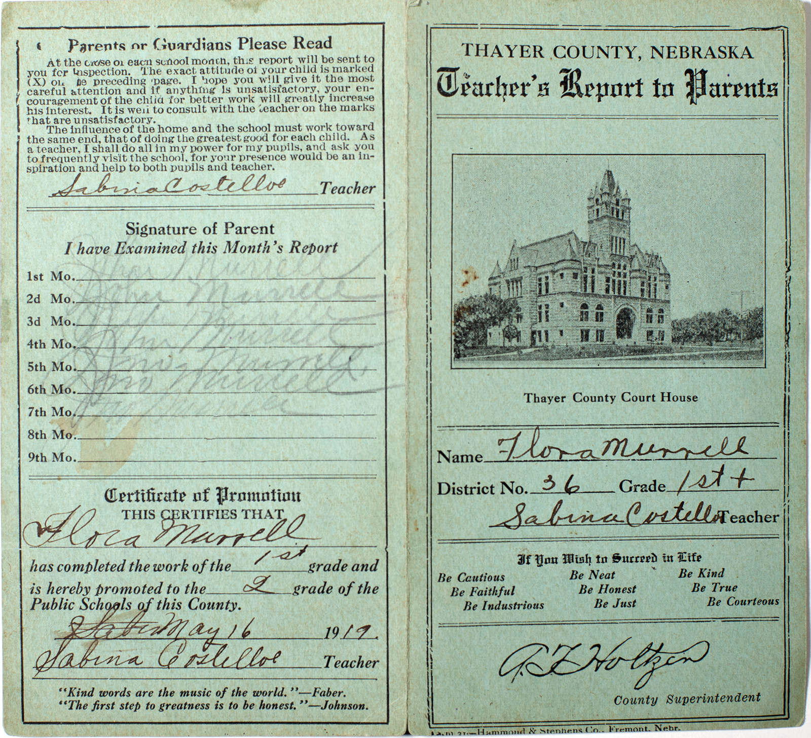 1917 Report Card from Thayer County Nebraska-image